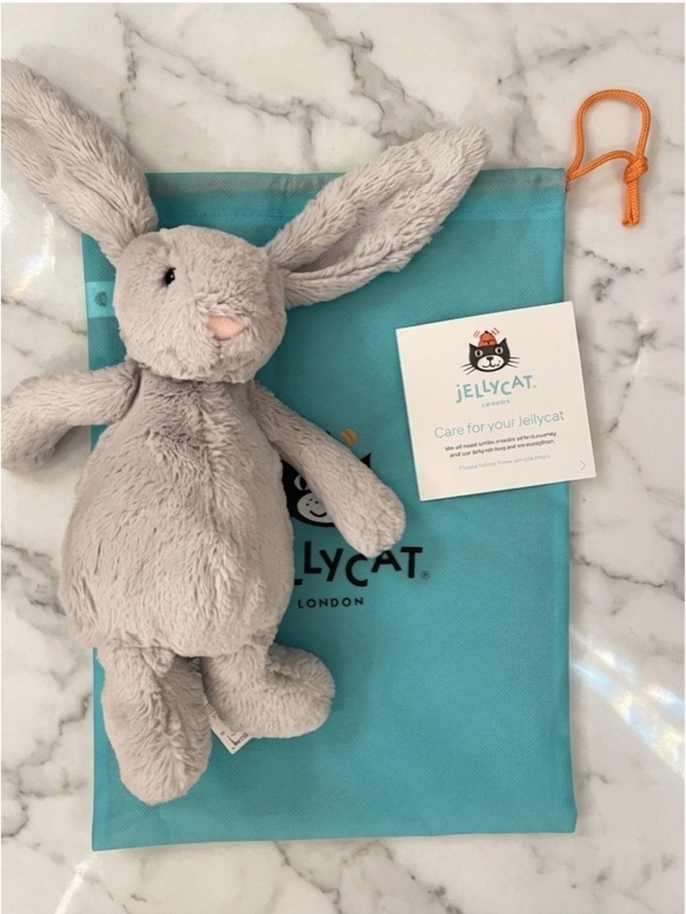 Jellycat Light Gray Bunny with Teal Drawstring Bag